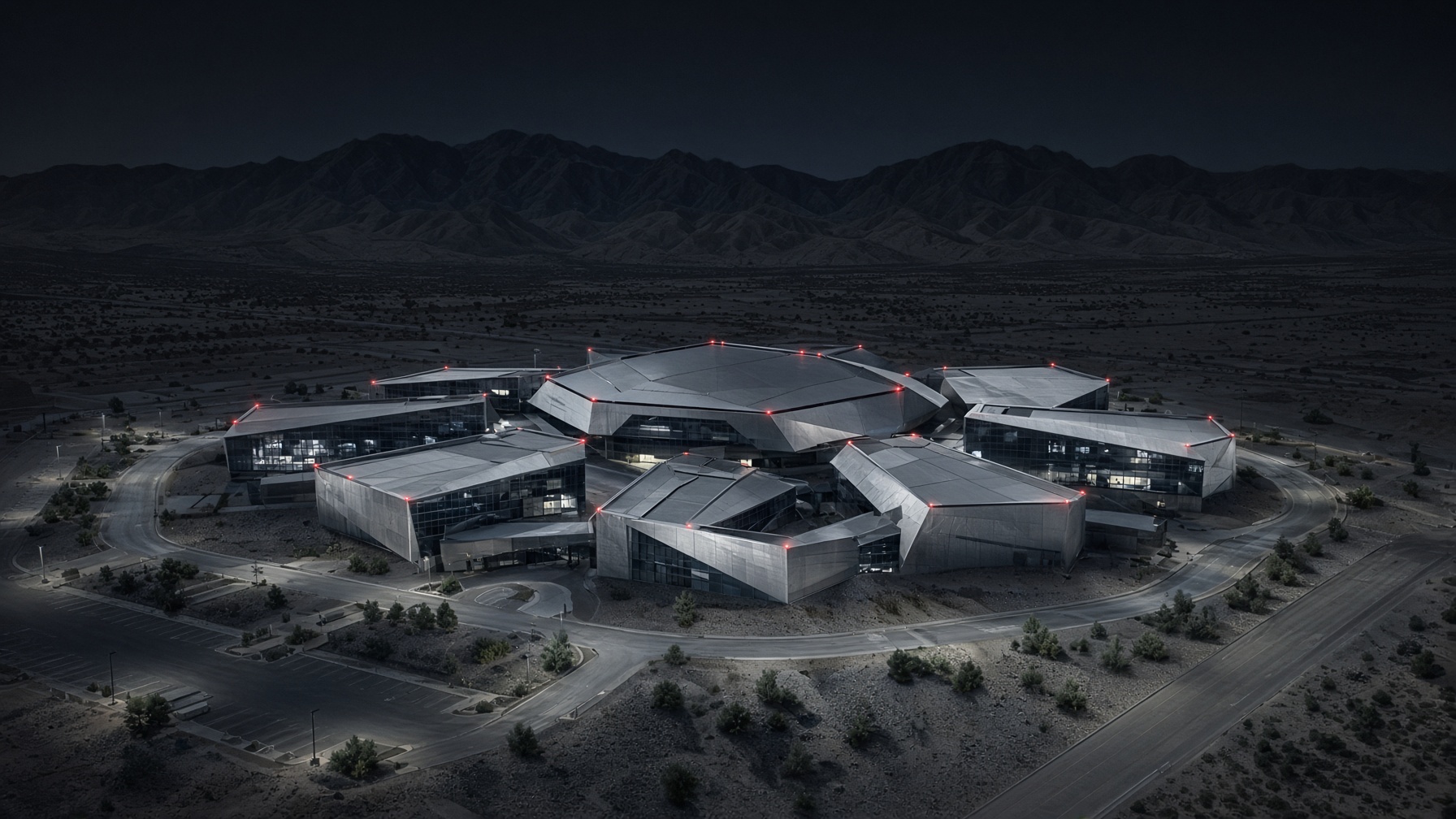 Cyberdyne Palmdale campus at night, hexagonal steel complex in the high desert